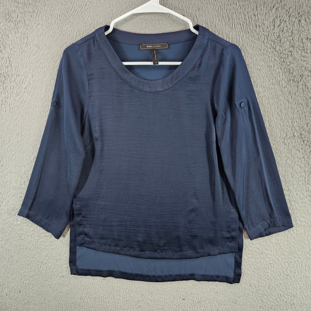 BCBGMAXAZRIA Womens Navy Blue Satin 3/4 Sleeve Button Tab Blouse XS High Low Hem
